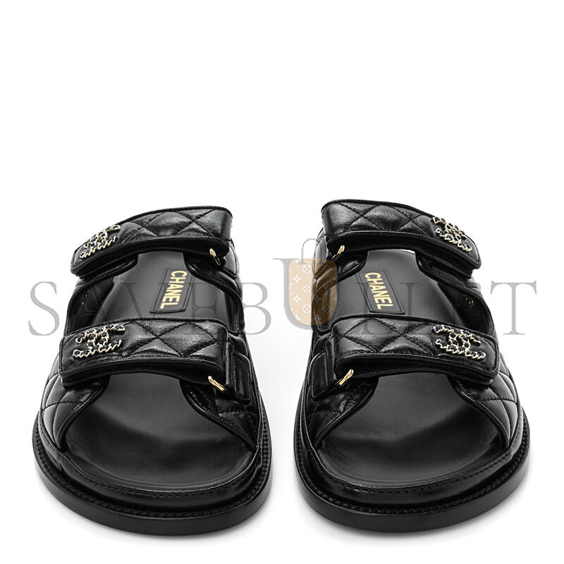 Ch*el lambskin quilted velcro dad chain cc slide sandals black g45507
